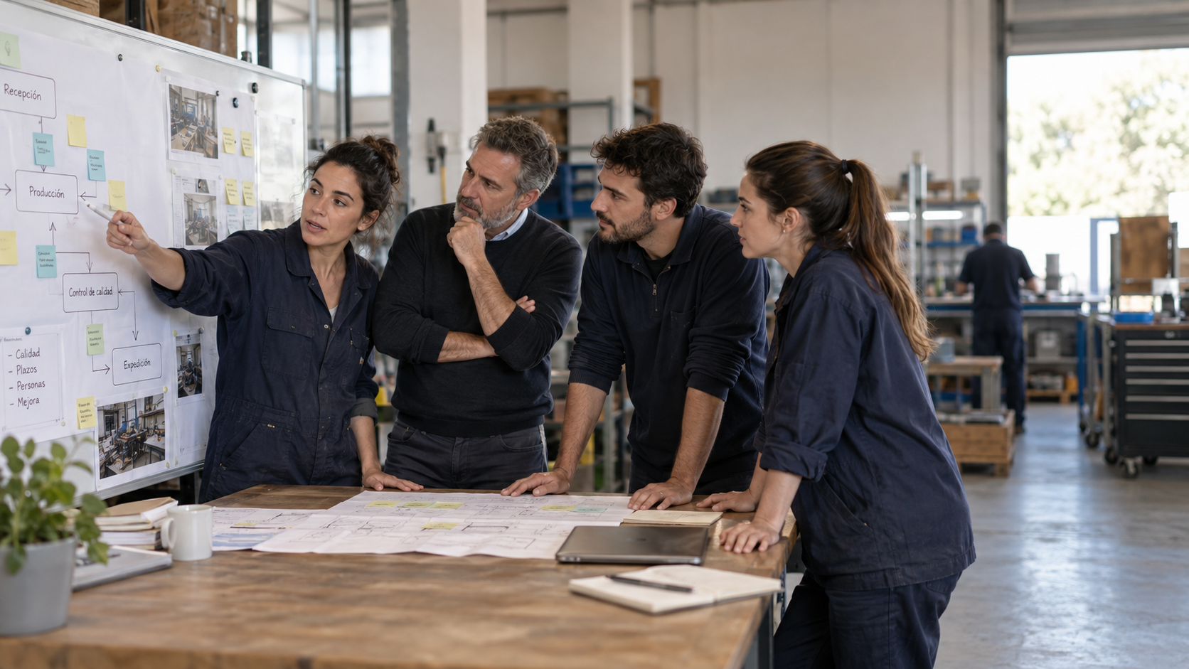Equipo de una PYME revisando juntos un proceso de trabajo